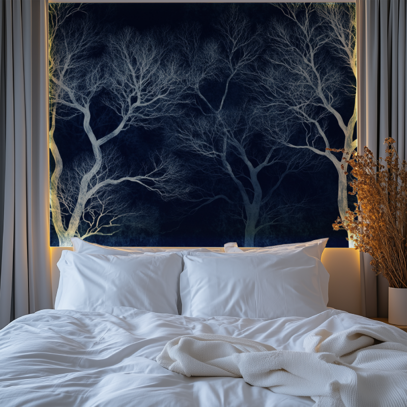 Night sky tree wallpaper making statement in minimalist dining room
