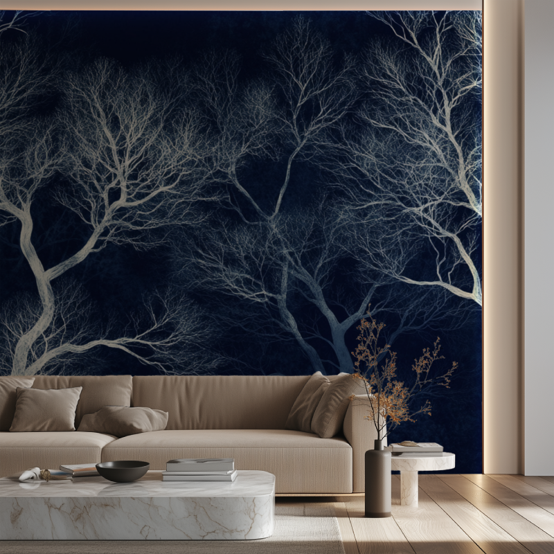 Blue and white tree mural adding depth to home office space
