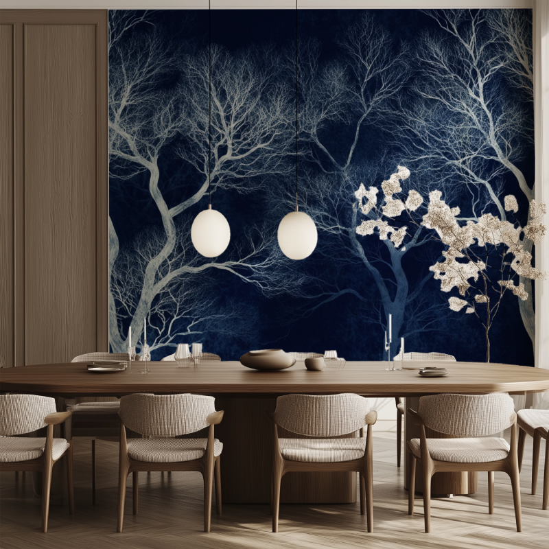 Tree branch wallpaper bringing nature into meditation room