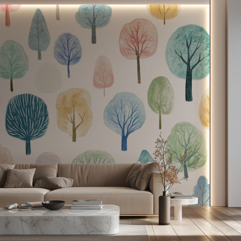 Living room decorated with pastel forest wallpaper creating calm atmosphere