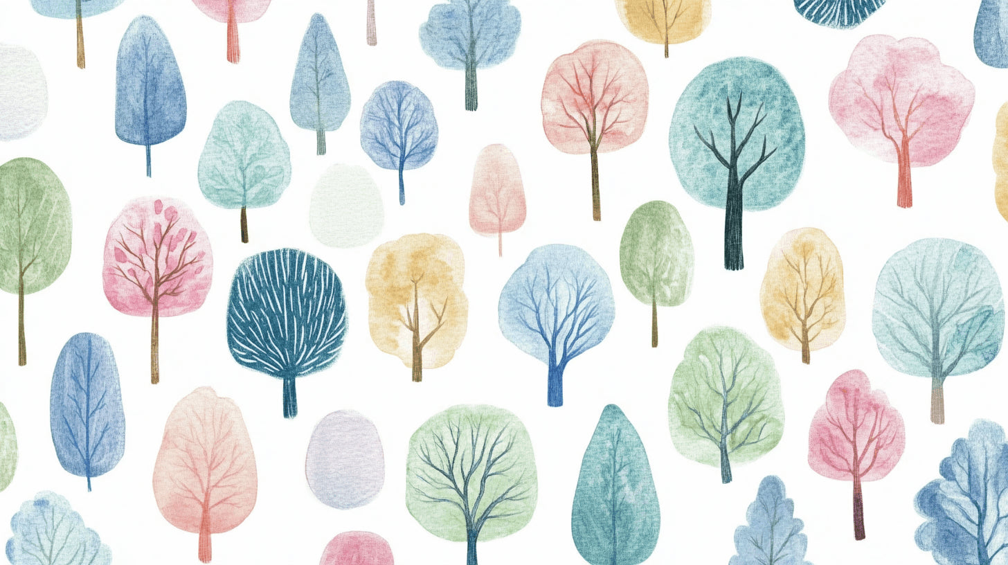 Design file showing full pattern of watercolor forest mural with soft pastel colors