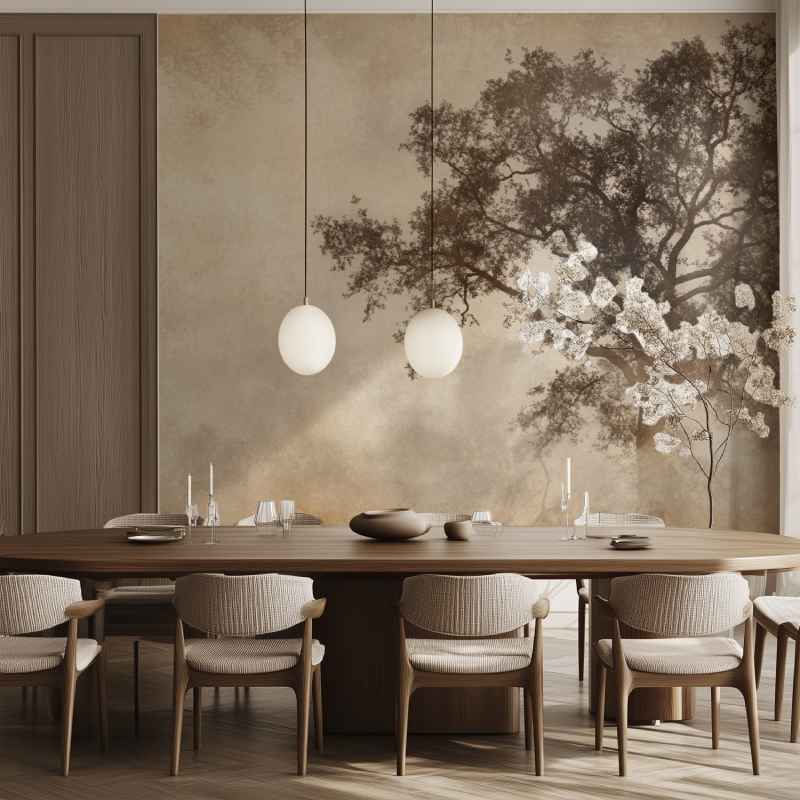 Nature wall mural with sepia trees perfect for bedroom setting
