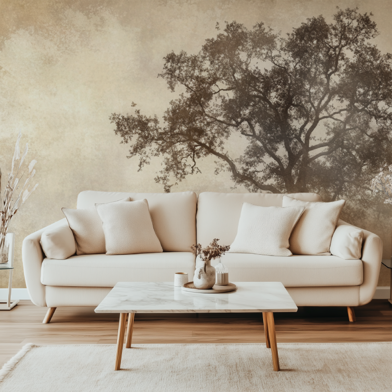 Beige tree wallpaper making statement in home office