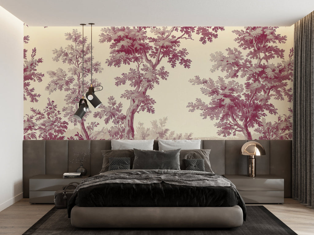 Berry red Toile de Jouy tree wallpaper in a French country dining room with wooden furniture