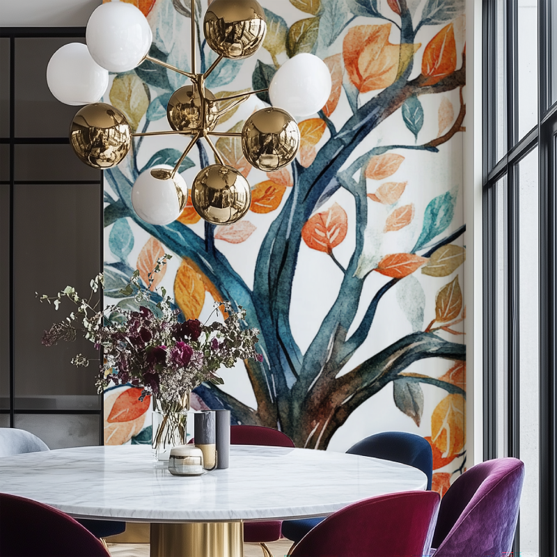 Watercolor tree mural wallpaper creating a cozy atmosphere in a modern living room with natural light
