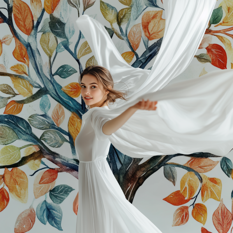 Botanical tree wallpaper bringing nature indoors in a contemporary bedroom space