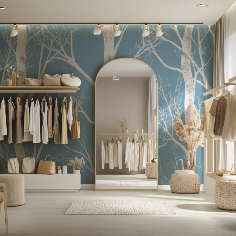 White birch tree wallpaper creating a peaceful atmosphere in modern living room with grey sofa