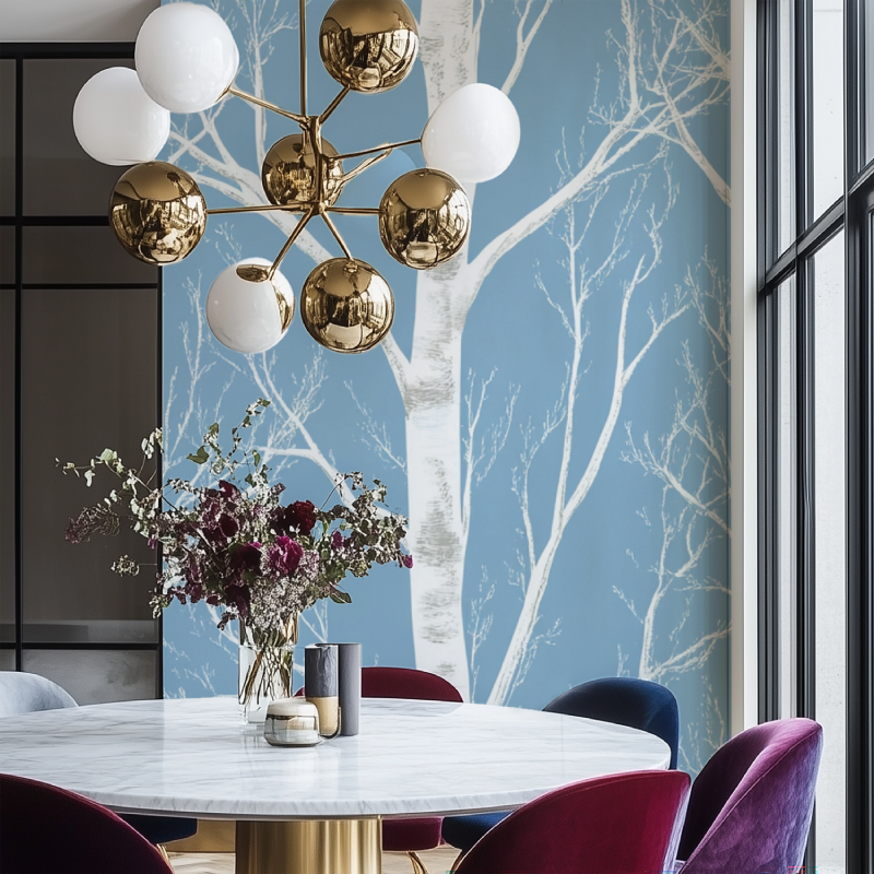 Blue and white birch forest mural in master bedroom with natural light