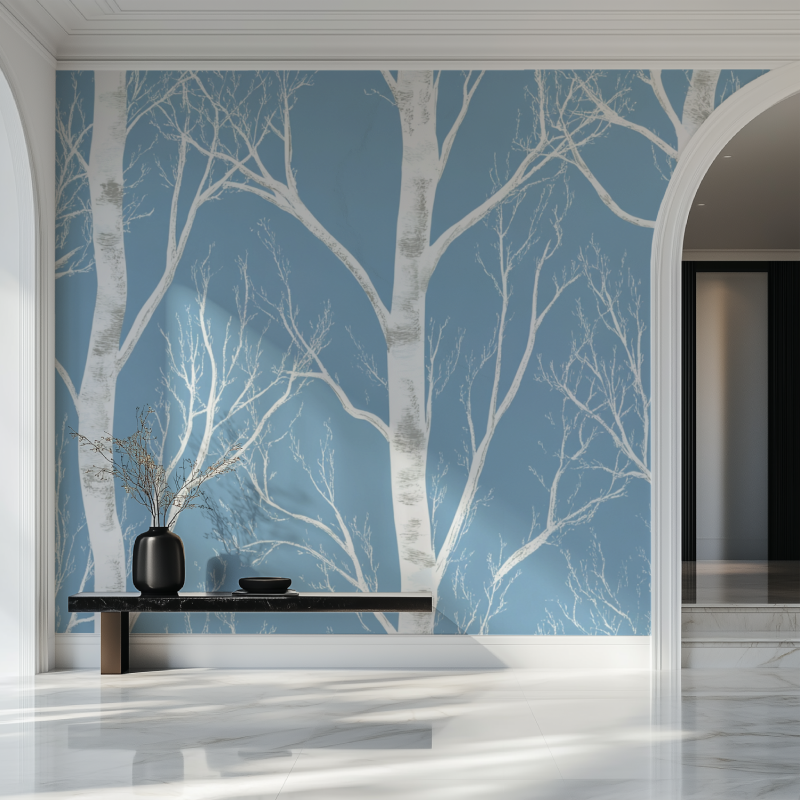 Forest wallpaper featuring white birch trees in home office setting