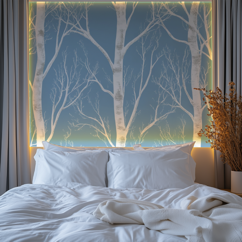 White tree wallpaper creating serene atmosphere in reading nook corner