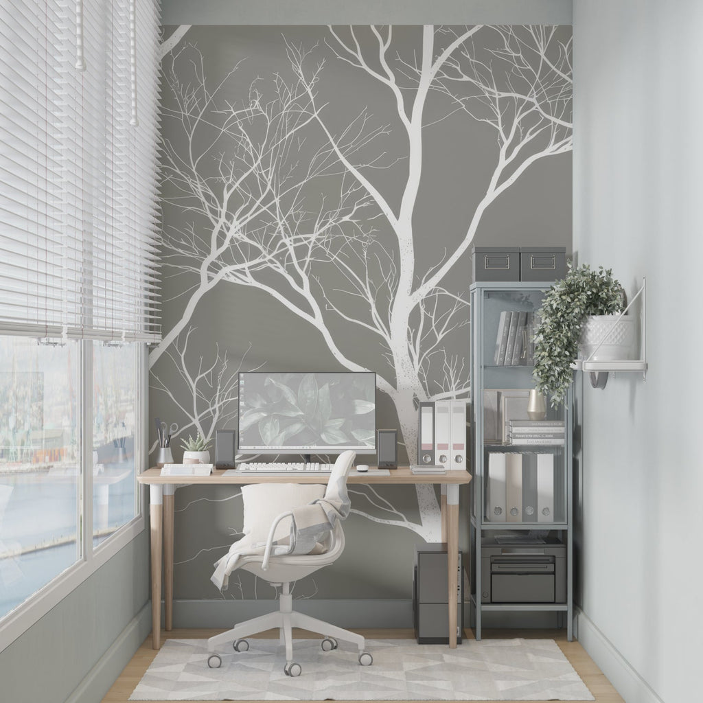 Branch pattern mural in hallway creating depth effect
