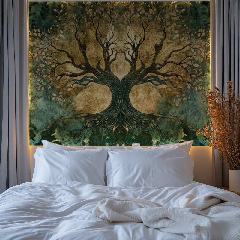 Tree of Life wallpaper mural creating a cozy atmosphere in a modern living room with green and gold accents