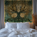 Tree of Life wallpaper mural creating a cozy atmosphere in a modern living room with green and gold accents
