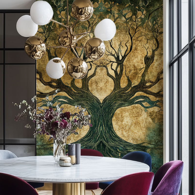 Green and gold Tree of Life wall mural bringing natural charm to a master bedroom