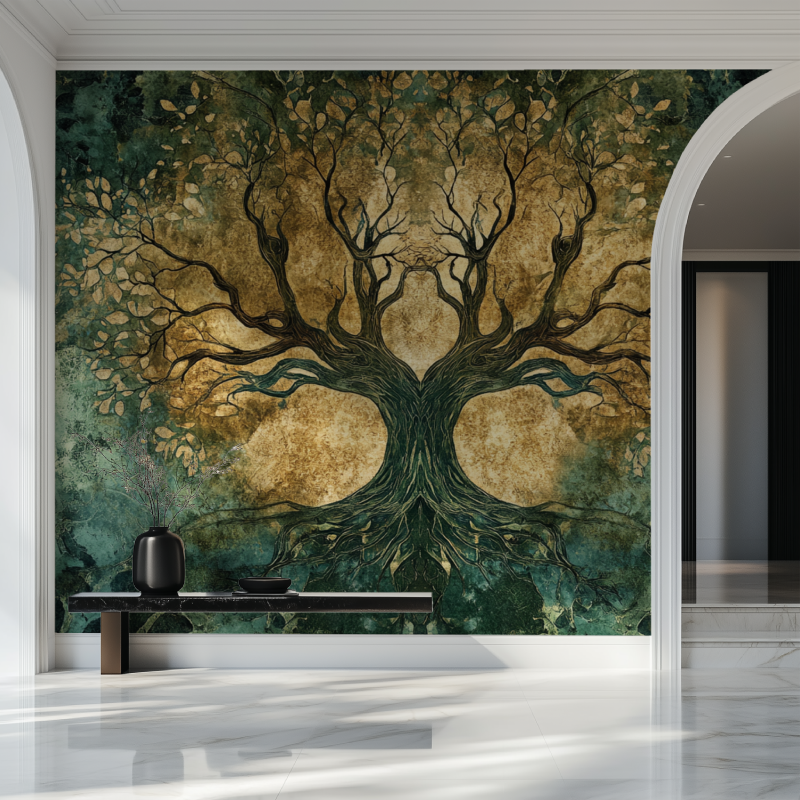 Mystical tree wallpaper adding depth to a dining room with soft lighting