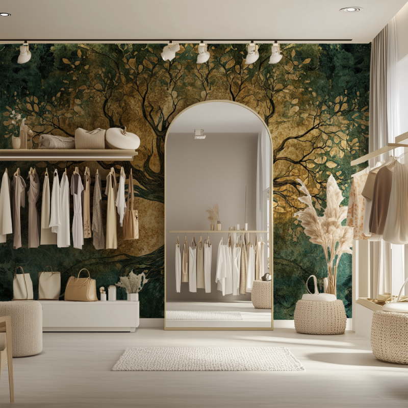 Tree mural creating a peaceful mood in a meditation room setting