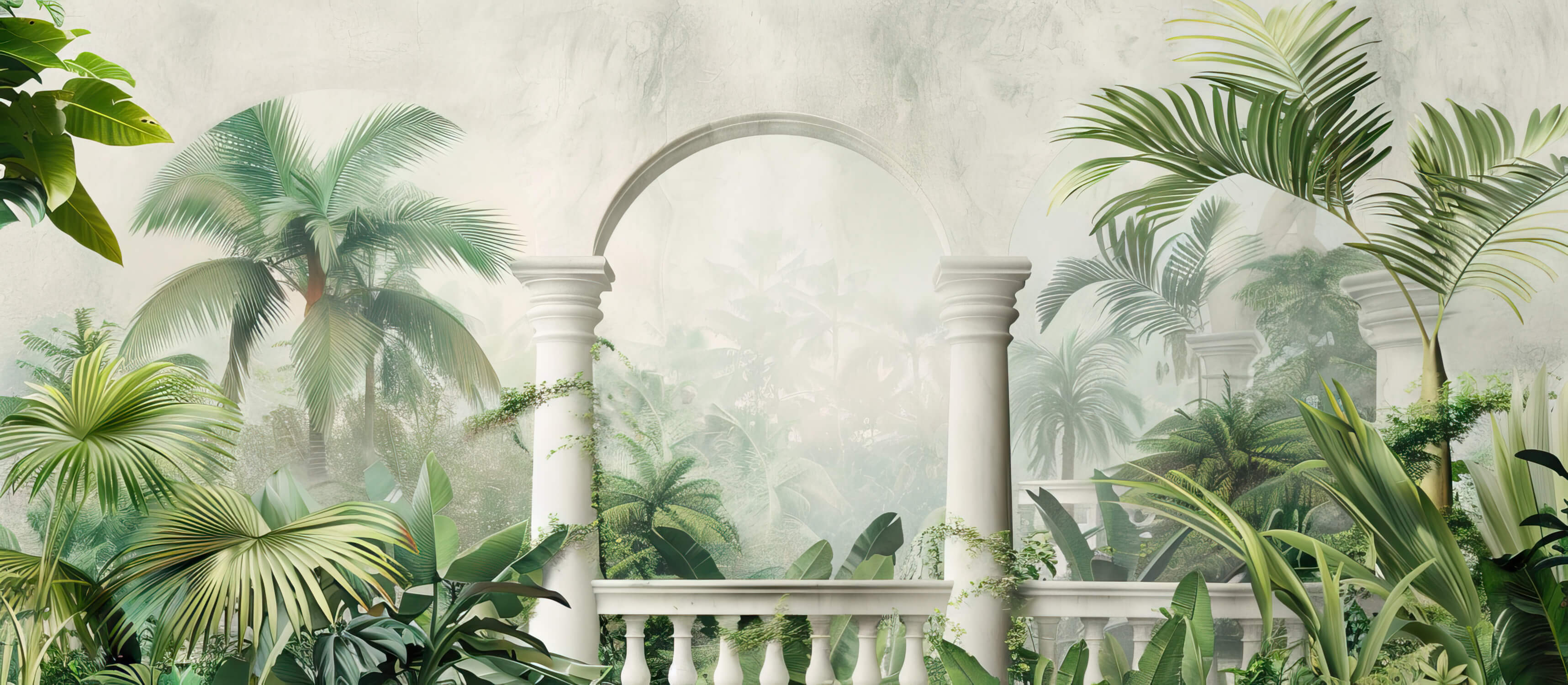 Design file showing detailed tropical arch pattern with classical columns and palm leaves