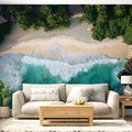 Tropical beach wallpaper creating a stunning focal point in modern living room with white furniture and natural light