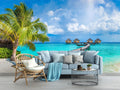 Tropical beach wallpaper creating a stunning focal point in a modern living room with white furniture
