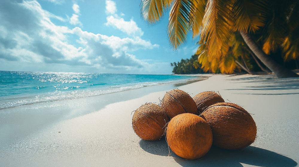 Beach paradise wallpaper design file showing detailed palm fronds and crystal clear ocean waters