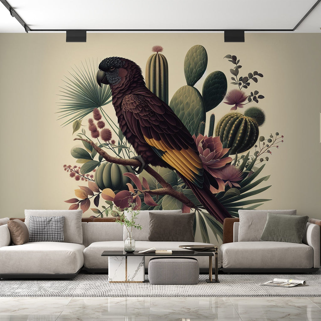 Tropical bird wallpaper with desert cacti creating a stunning backdrop in a modern living room with neutral furniture