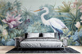 Tropical bird wallpaper with white crane and lotus flowers creating serenity in a modern living room setting