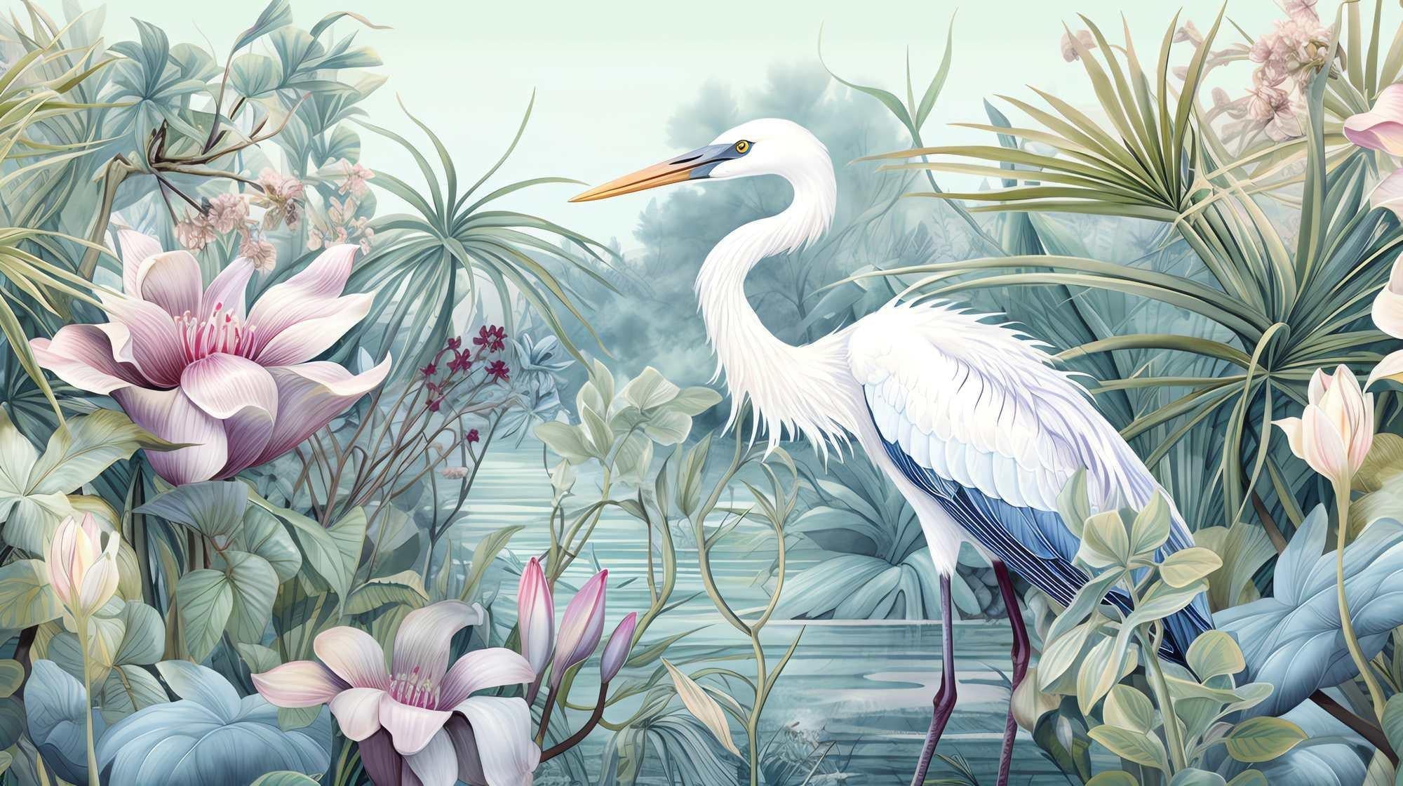 Design file of white crane with lotus flowers pattern showing intricate botanical details