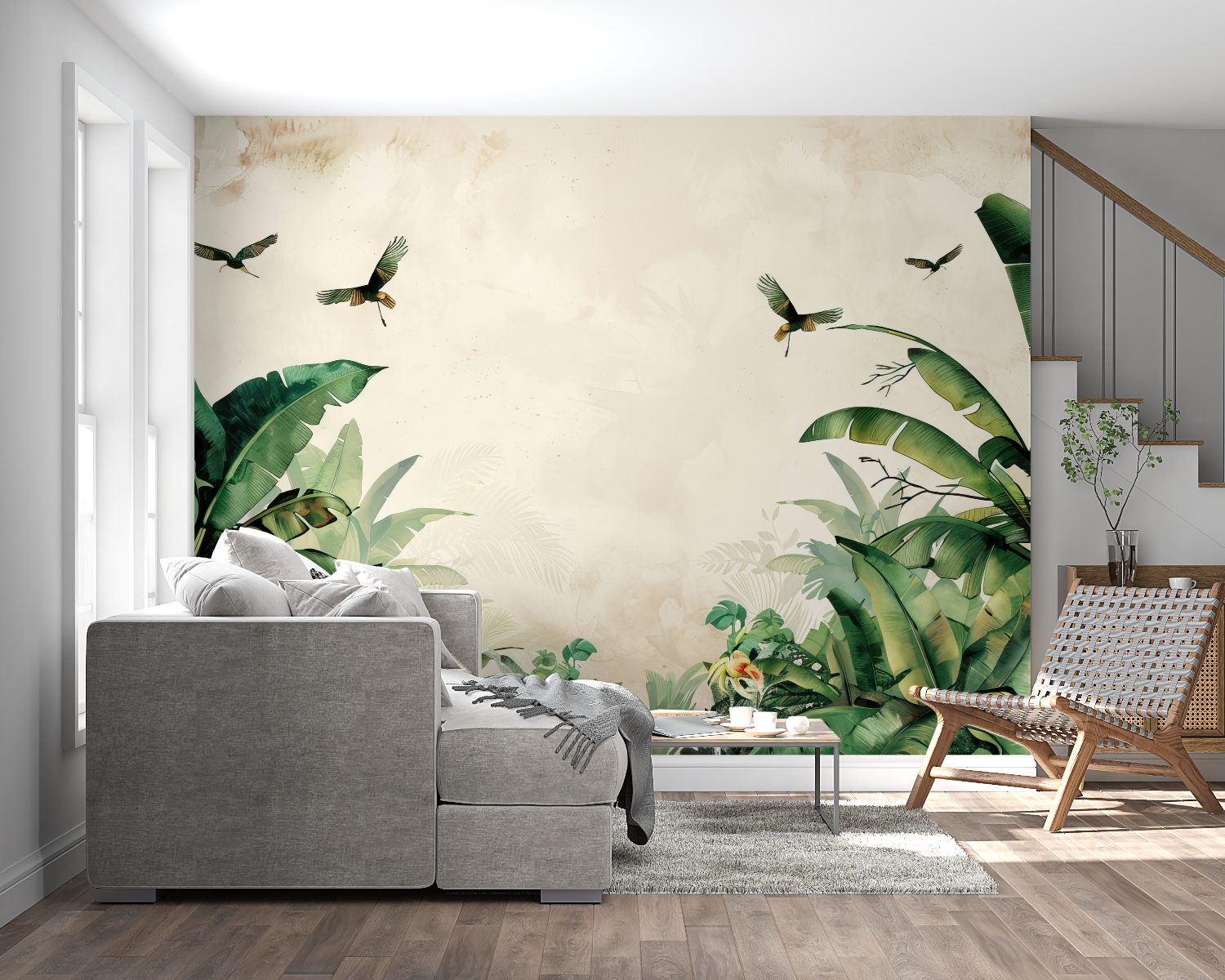 Tropical birds wallpaper creating a peaceful atmosphere in a modern living room with natural light