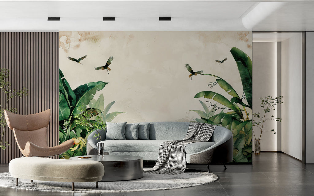 Tropical birds and leaves mural adding life to a home office space
