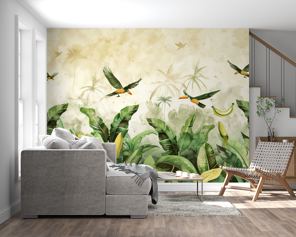 Tropical birds wallpaper creating a fresh vibe in modern living room with natural light