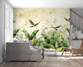 Tropical birds wallpaper creating a fresh vibe in modern living room with natural light