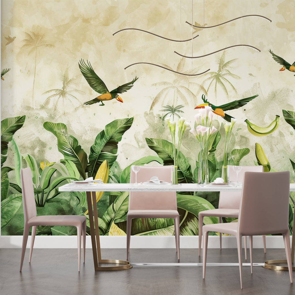 Tropical mural wallpaper adding depth to bedroom decor