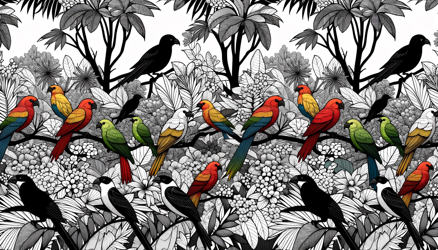 Black and white botanical bird mural creating depth in a minimalist dining room setting