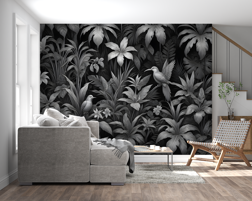 Black and white bird mural creating drama in master bedroom setting