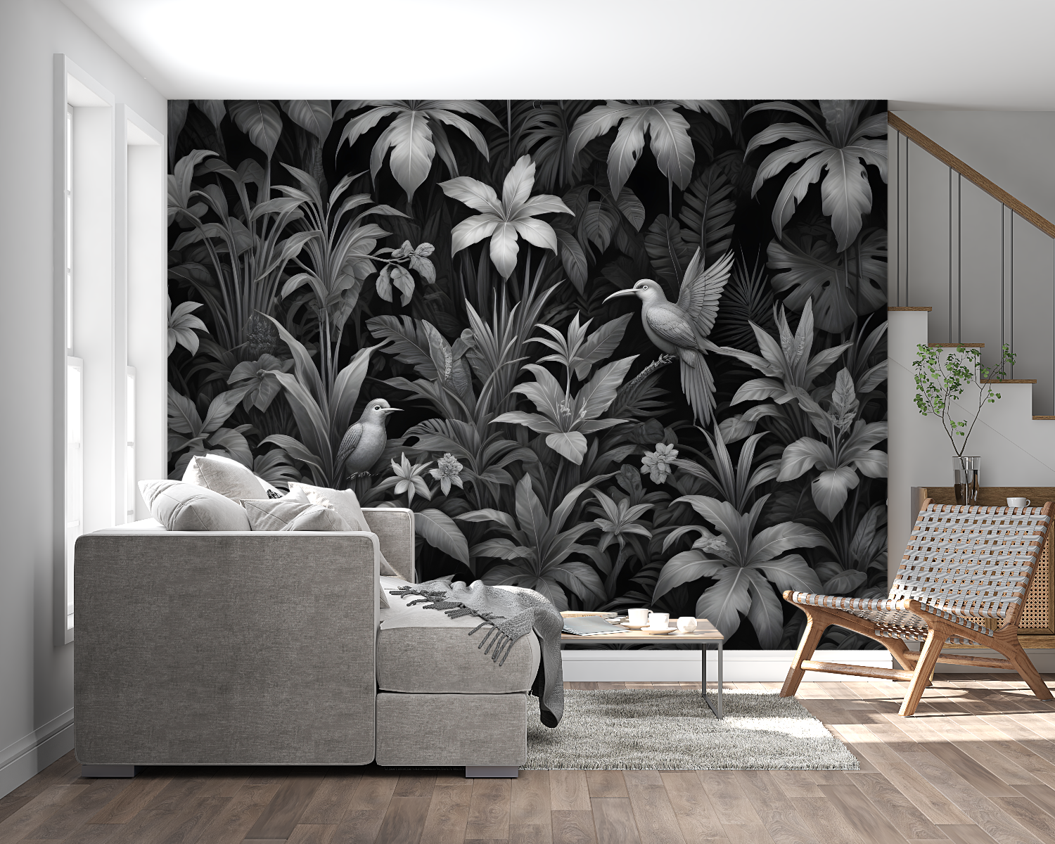 Black and white bird mural creating drama in master bedroom setting