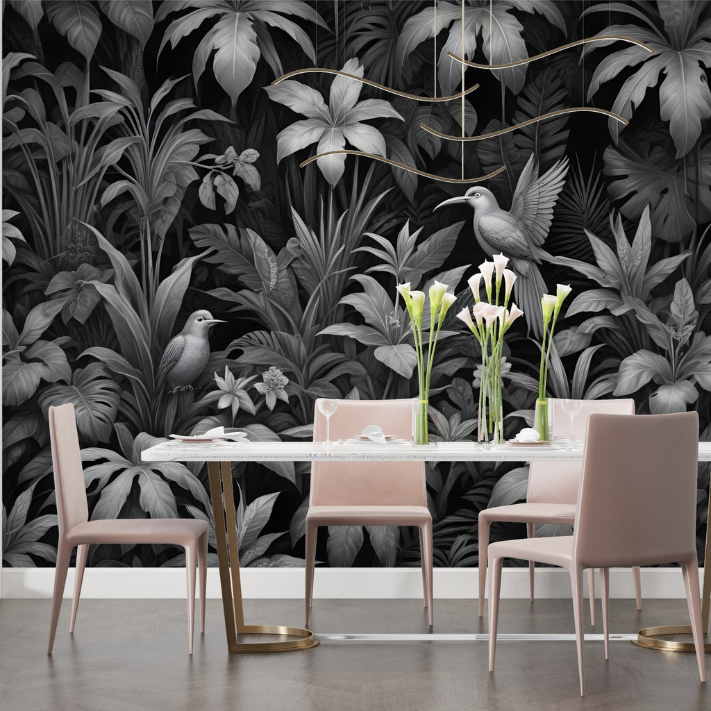 Botanical wall mural showcased in home office with natural lighting
