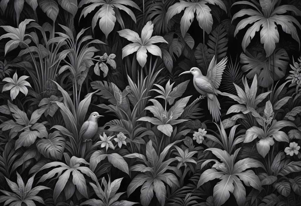 Black and white tropical birds design file showing intricate botanical pattern and exotic birds