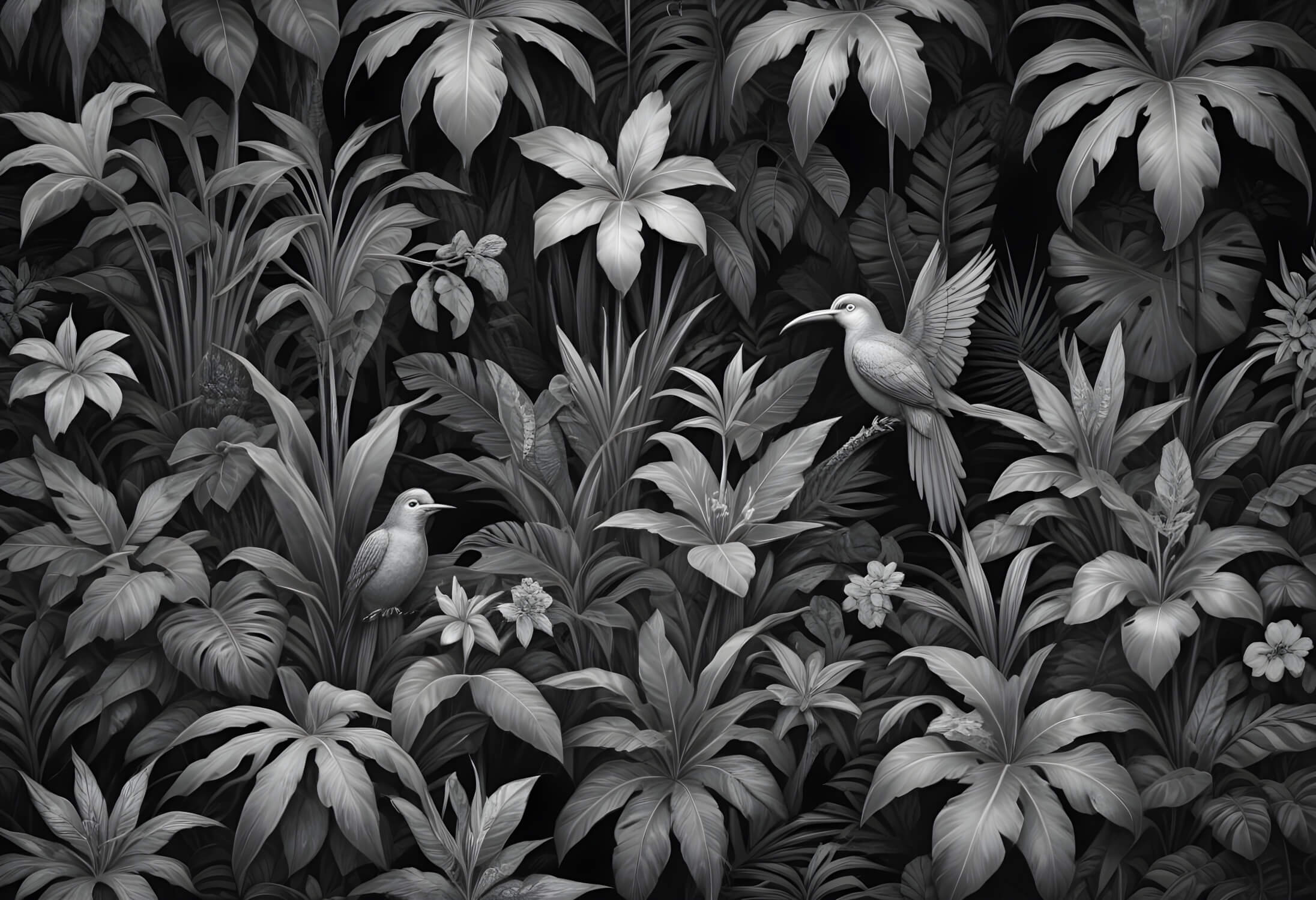 Black and white tropical birds design file showing intricate botanical pattern and exotic birds