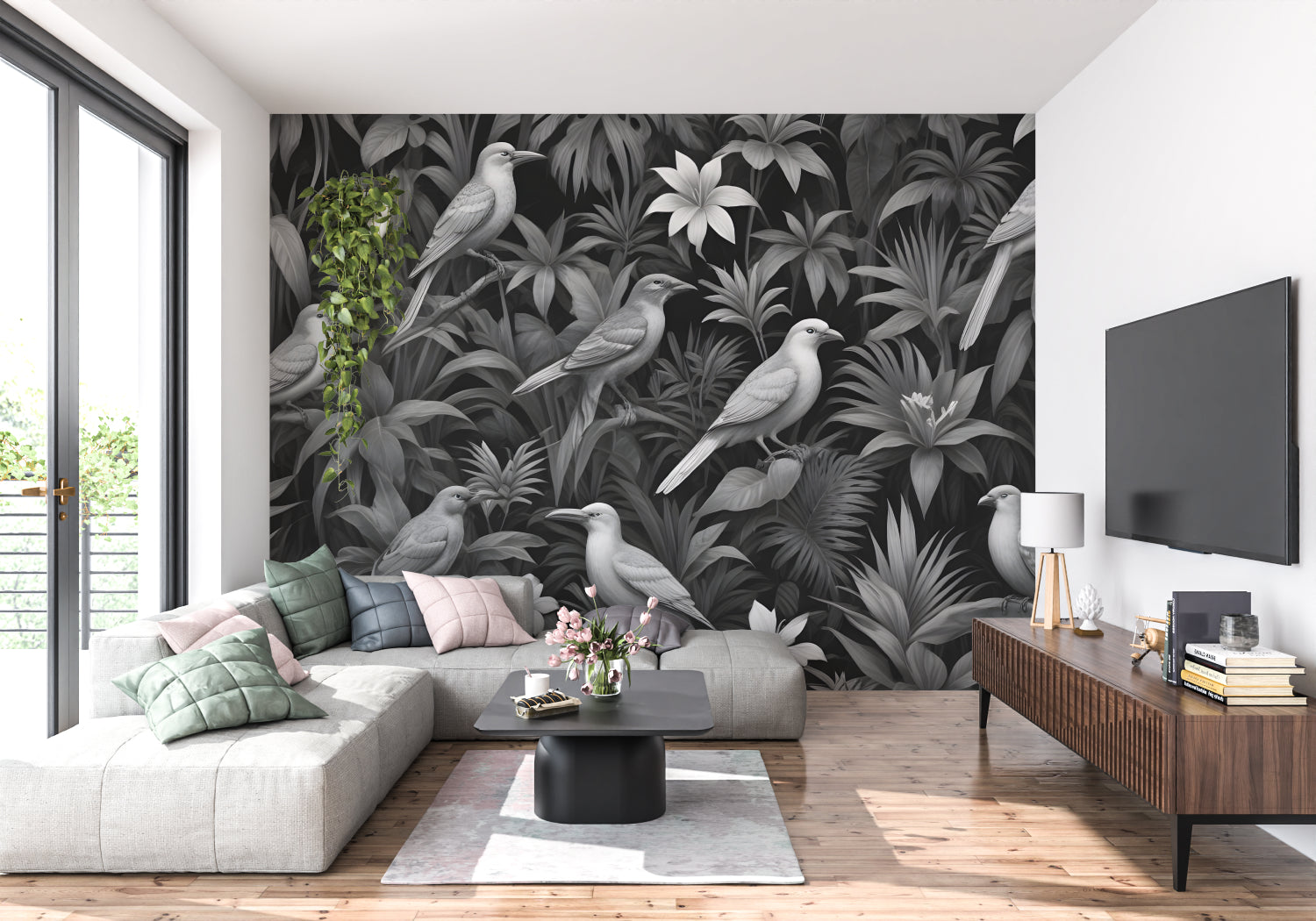 Nature-inspired bird wallpaper in living room with contemporary furniture