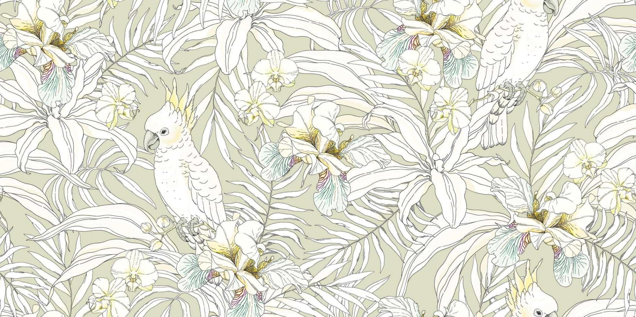 Tropical bird wallpaper design file showing detailed white cockatoos with orchids on sage green background