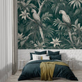 Tropical bird wallpaper creating a stunning focal point in a modern living room with white furniture