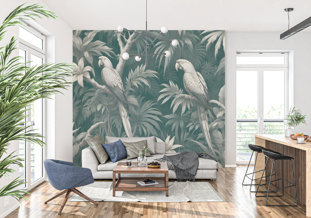 Elegant parrot wallpaper installation in a luxury dining room with soft lighting