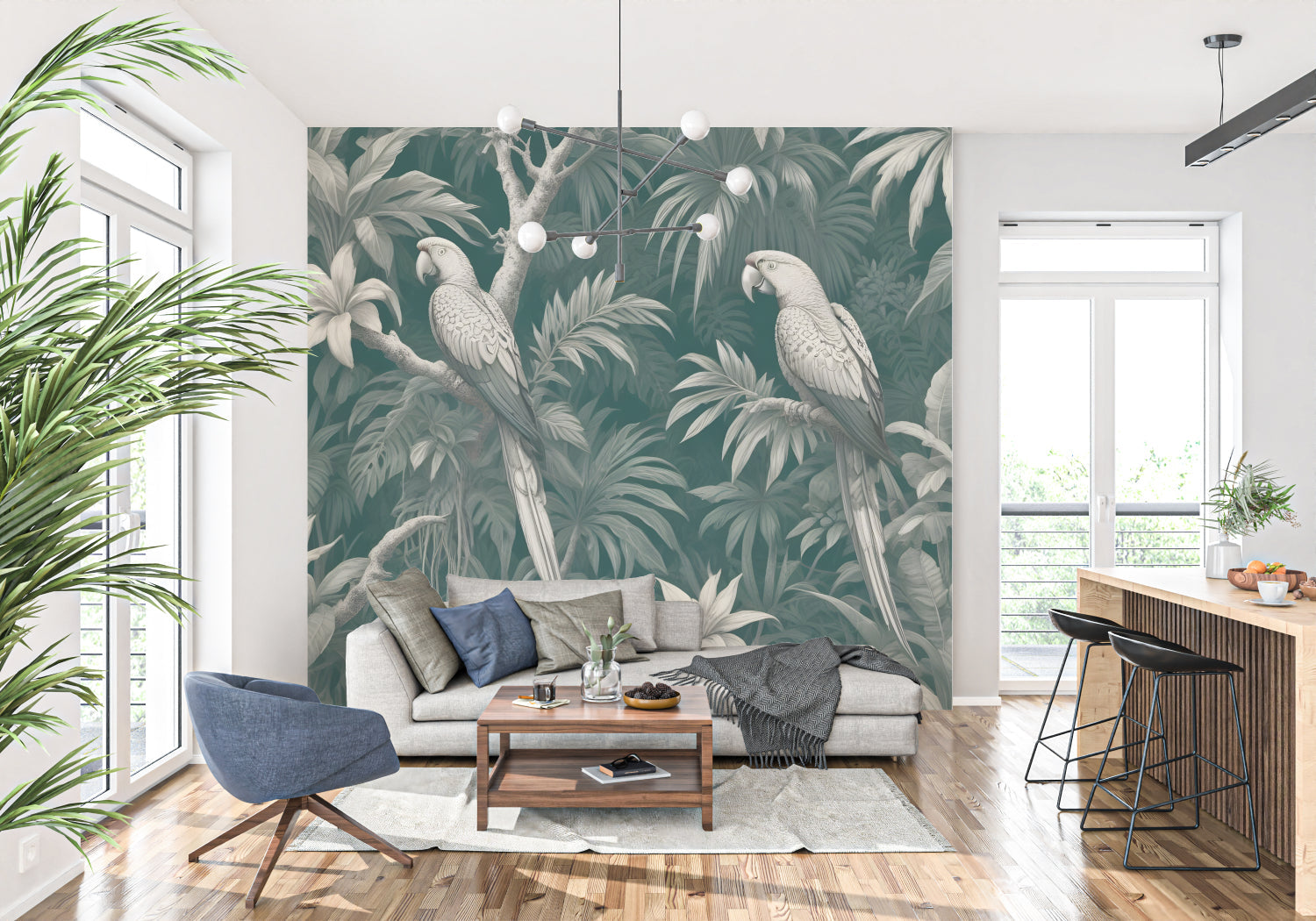 Elegant parrot wallpaper installation in a luxury dining room with soft lighting