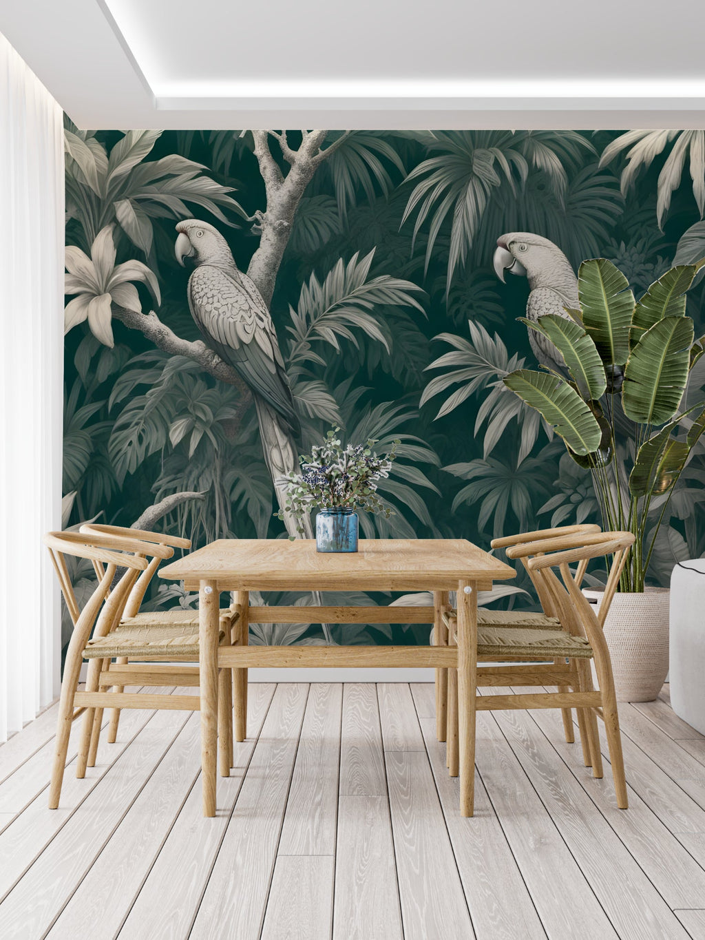 Tropical birds mural making a statement in a boutique hotel lobby