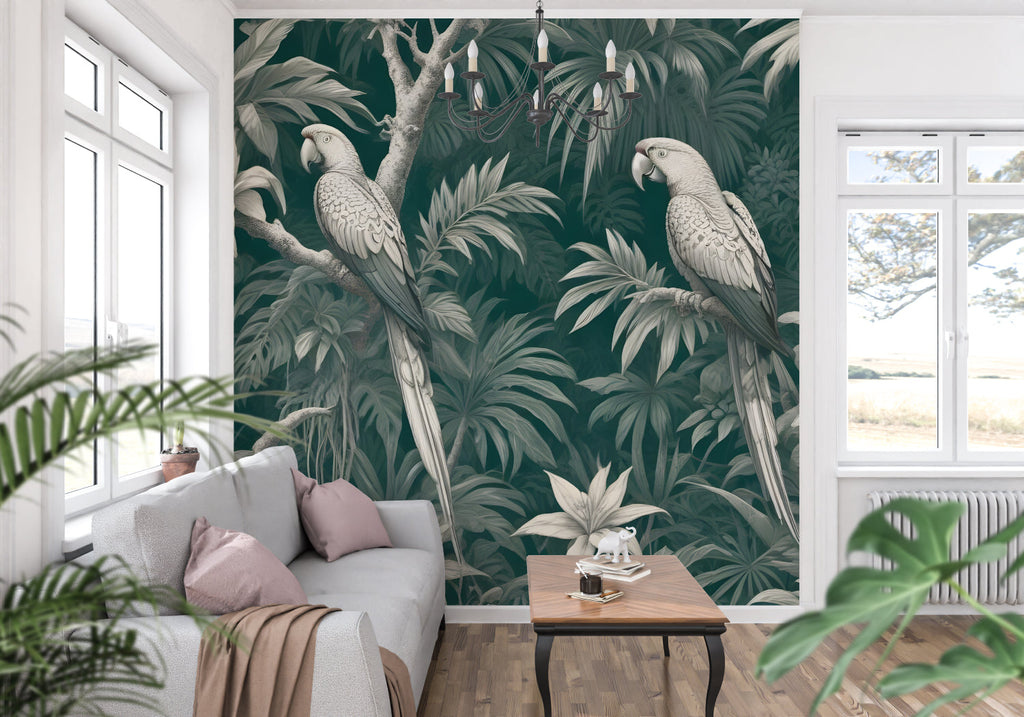 Exotic bird wallpaper bringing life to a master bedroom with minimal decor