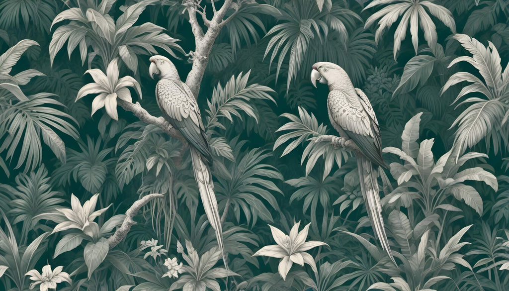 Tropical birds wallpaper design file showing detailed white parrots on teal background with palm leaves