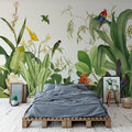 Tropical birds wallpaper creating a stunning focal point in a modern living room with natural light