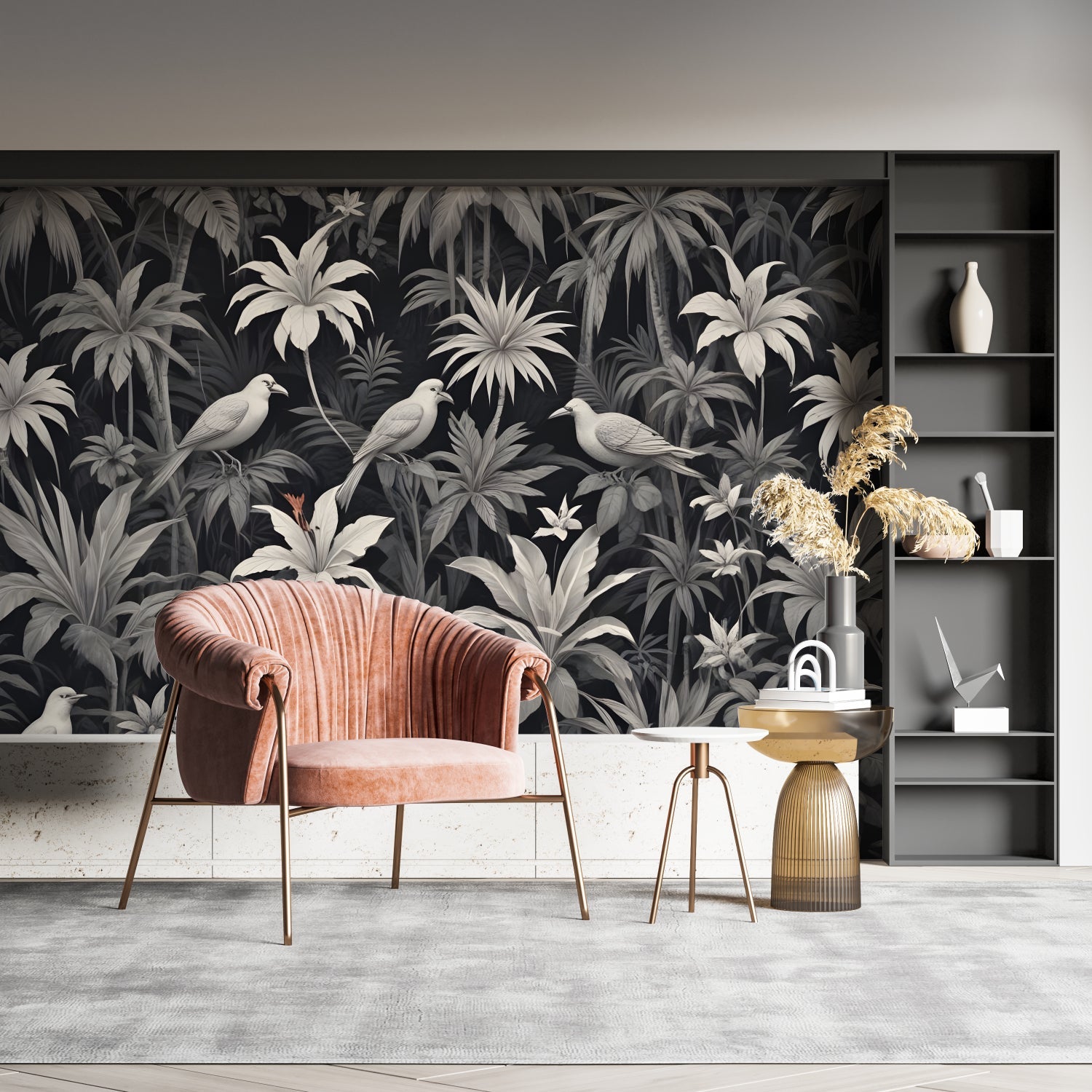 Tropical birds wallpaper creating a sophisticated atmosphere in a modern living room with minimal furniture