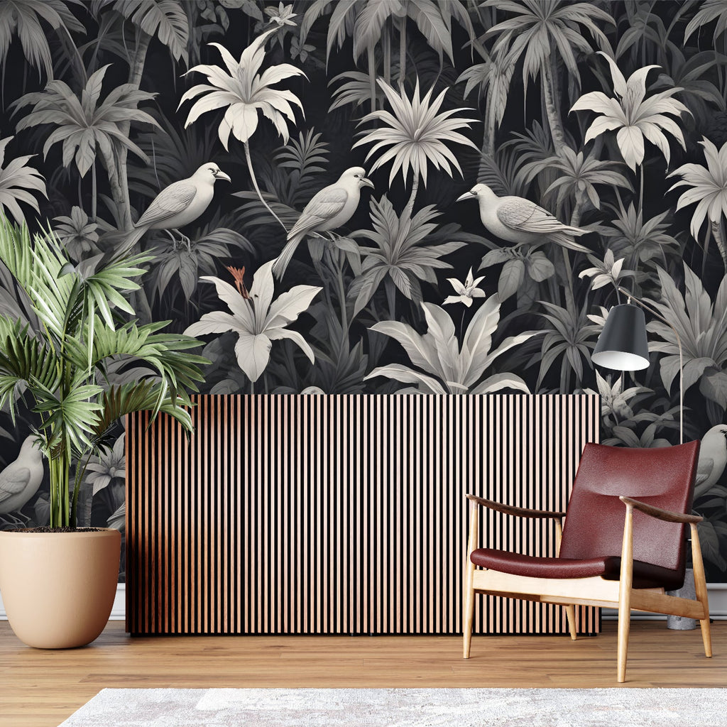 Black and white tropical birds mural adding depth to a cozy bedroom setting