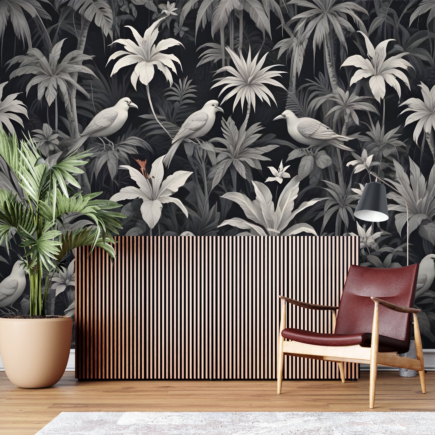 Black and white tropical birds mural adding depth to a cozy bedroom setting